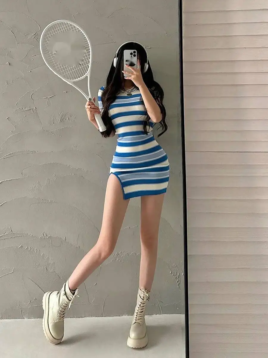 WOMENGAGA 半袖ニットワンピース スリムヒップ ショートTシャツワンピース 夏 スパイシーガールズ セクシー タイト スリム ストライプ サイドスリット 9GSZ