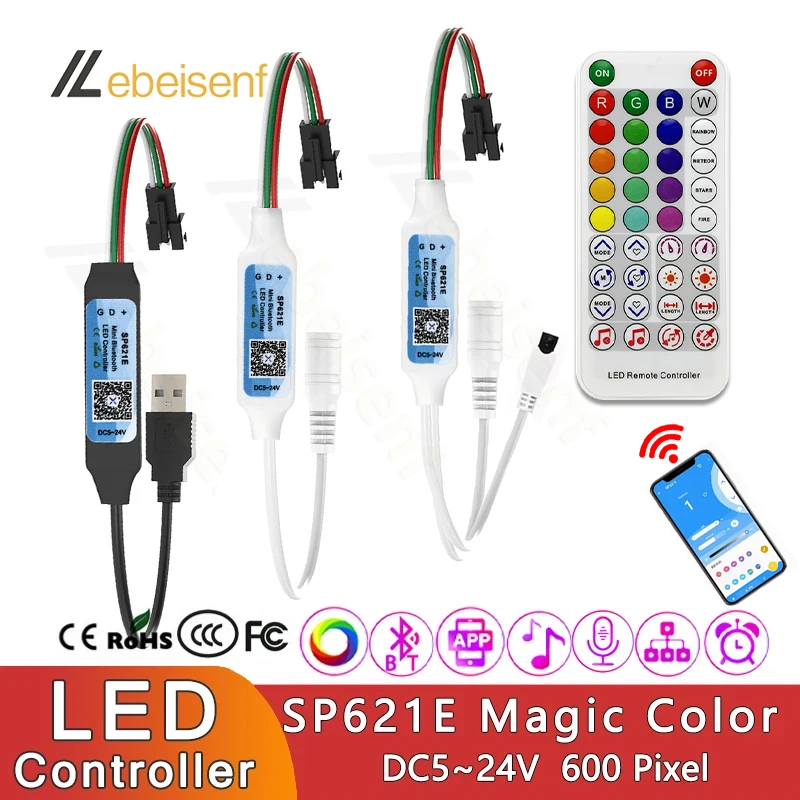 Mới SP621E Mini Bluetooth Điều Khiển Đèn LED Thông Minh Ứng Dụng Ma Thuật Màu Đèn Mờ SPI Addressable Kỹ Thuật Số IC Cho WS2812B 2811 5050 LED dây