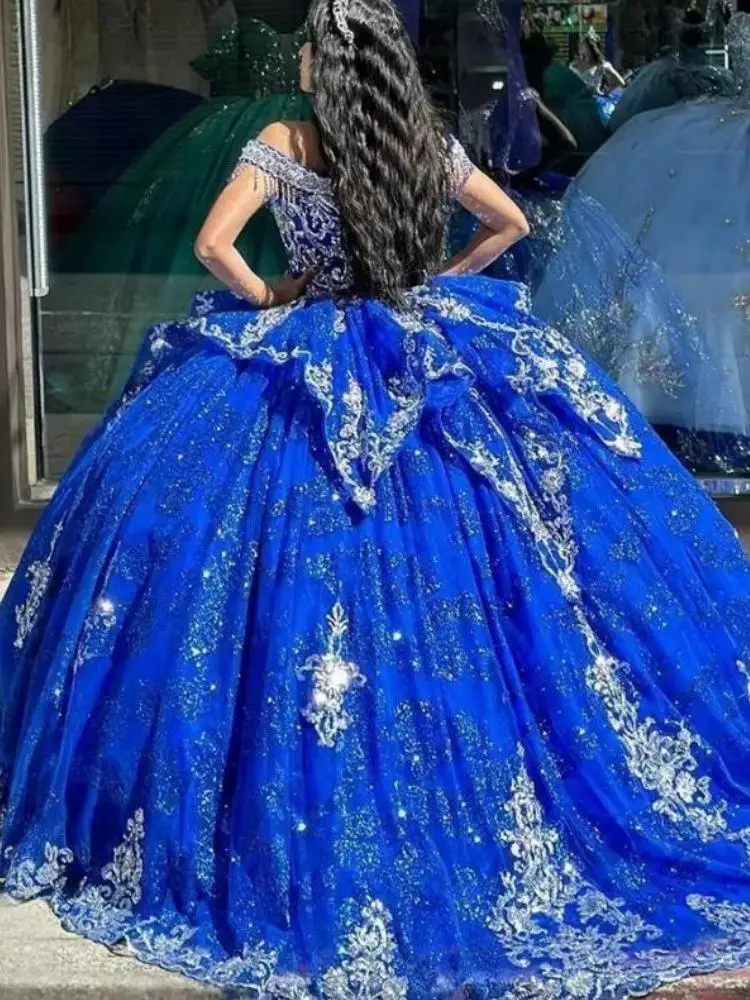 Robe de Bal Élégante Bleue en Dentelle pour Femme, Tenue de ixd'Anniversaire, à Pampilles, Appliques, 15, 16