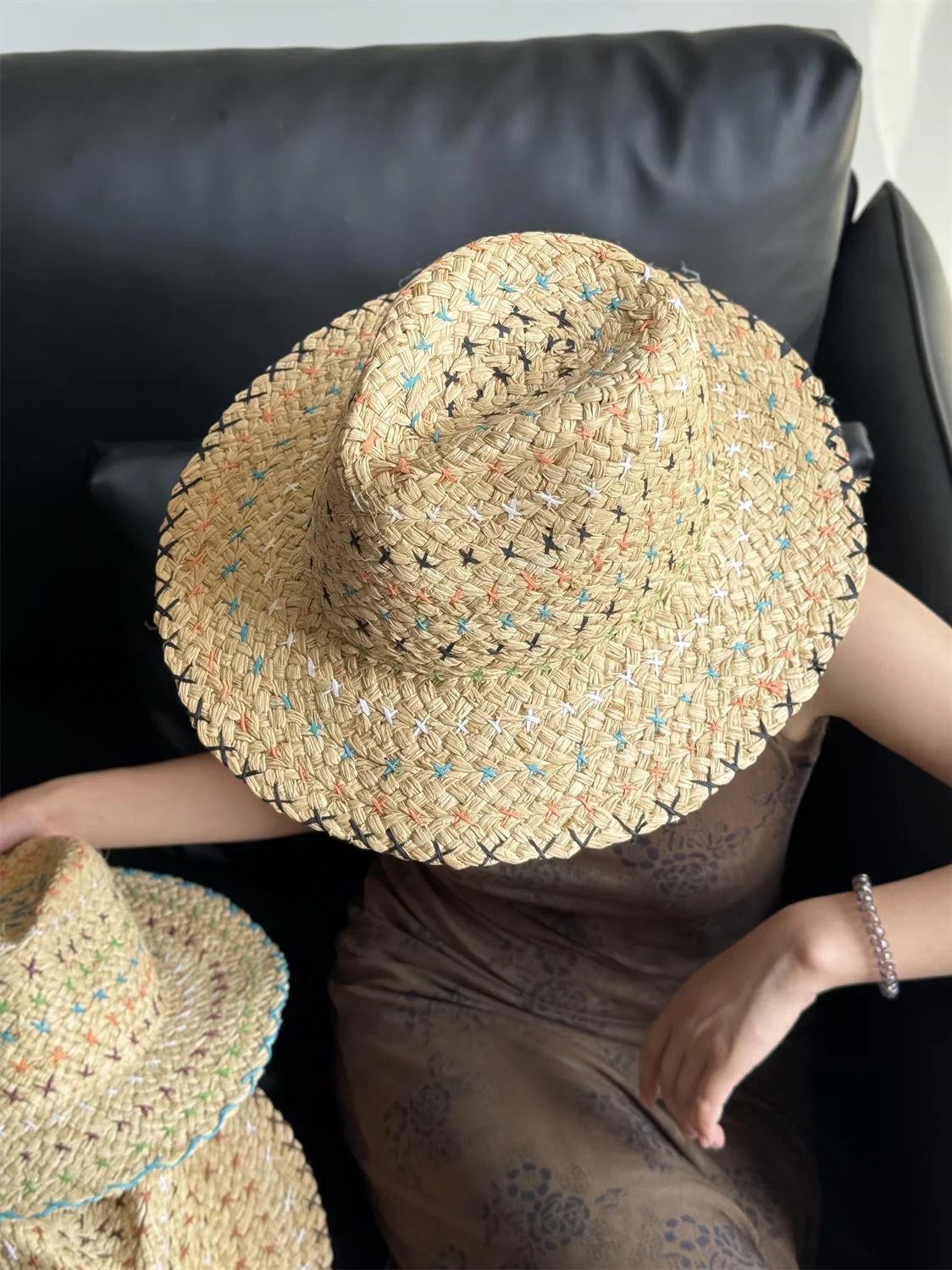 Raffia straw hat for women Bohemian colorful stitched straw hat ladies sun hat beach summer vacation panama hat панама כובע קש