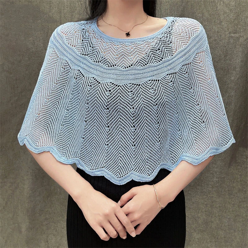 Korean Ice Silk Hollow Knit Sunscreen Shawl Female Summer Air Conditioning Neck Protection Pullover Knit Blouse Women\'s Cape V35