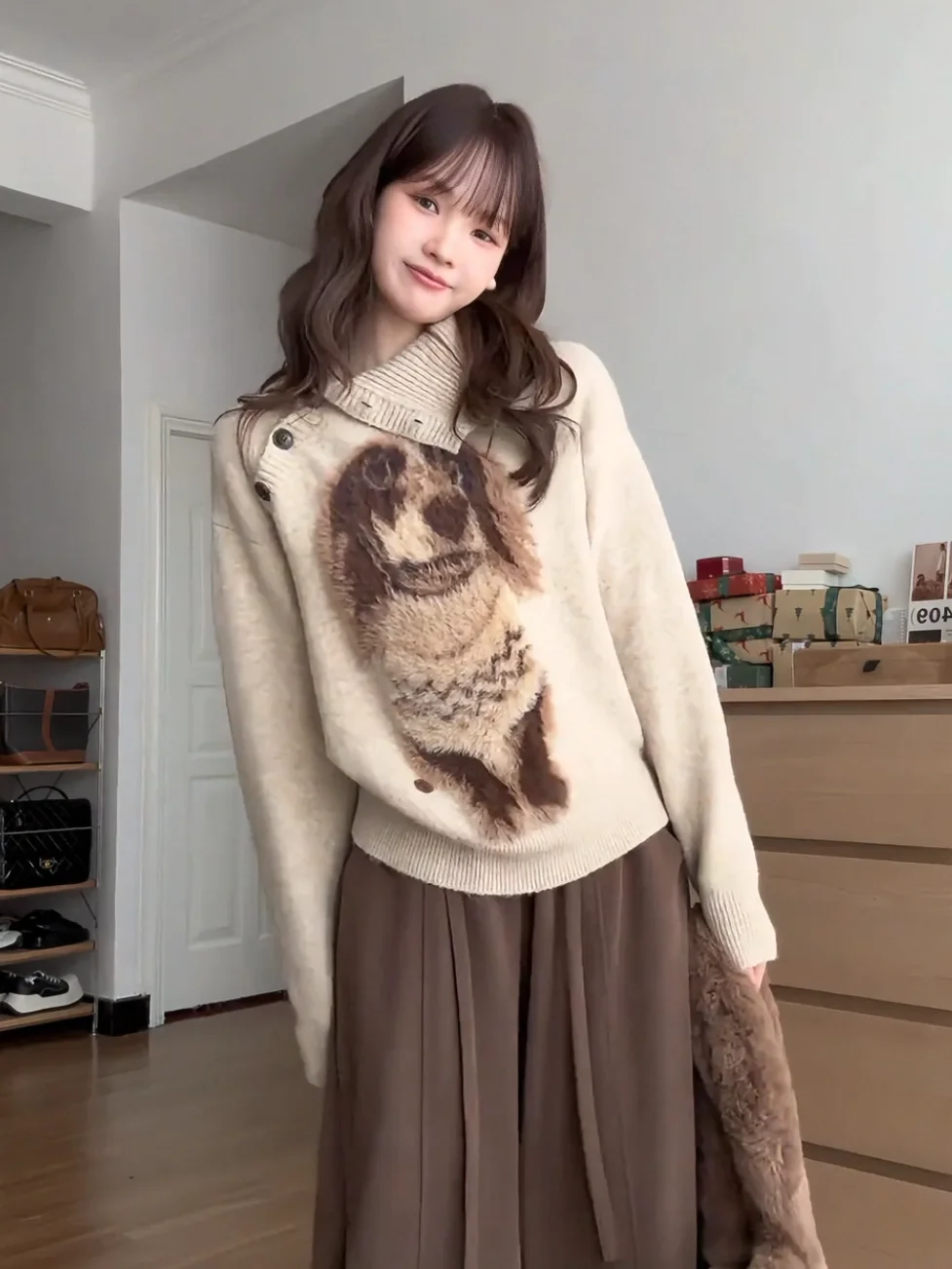 เสื้อสเวตเตอร์ถักลายสุนัขสไตล์เกาหลี ทรงหลวม สวมใส่สบาย เนื้อผ้านุ่ม แขนยาว คอกลม เหมาะสำหรับฤดูใบไม้ร่วงและฤดูหนาว