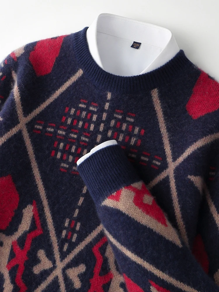 เสื้อสเวตเตอร์ไหมพรมขนแกะเมอริโนแท้ 100% สำหรับผู้ชาย รุ่นใหม่ ฤดูใบไม้ร่วง ฤดูหนาว คอทรงโอ หนานุ่ม สไตล์เรโทร ลายแจ็คการ์ด  ใส่สบาย อบอุ่น