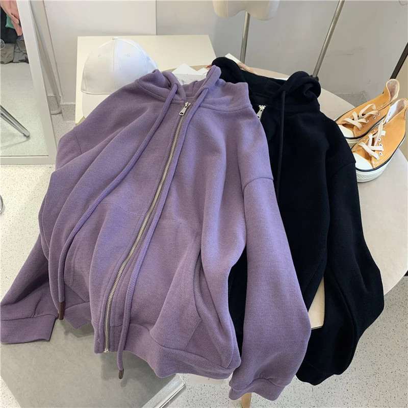 

Women's Hooded Sweatshirt Korean Casual Long Sleeved Zipper Thin Jackets Spring Autumn Loose Solid Color Cardigan Overcoat