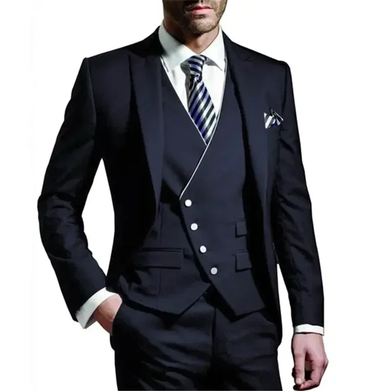 

Navy Blue Men Wedding Suits Groom Tuxedo Business Party Male Suit 3 Piece Jacket Vest Pant Custom Ternos Masculino Luxo Italiano