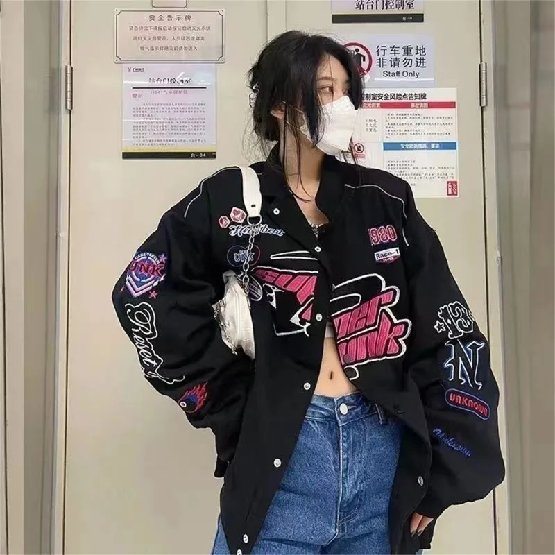 

Women American Style Vintage Baseball Coat Spring Autumn Long Sleeved Print Motorcycle Jacket Harajuku Hip Hop Oversize Outwear