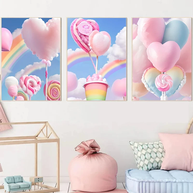 1pc frameless Canvas Painting  Colored Cotton Candy Rainbow Love Heart Posters Prints Canvas Printing Wall Art Picture for Gi