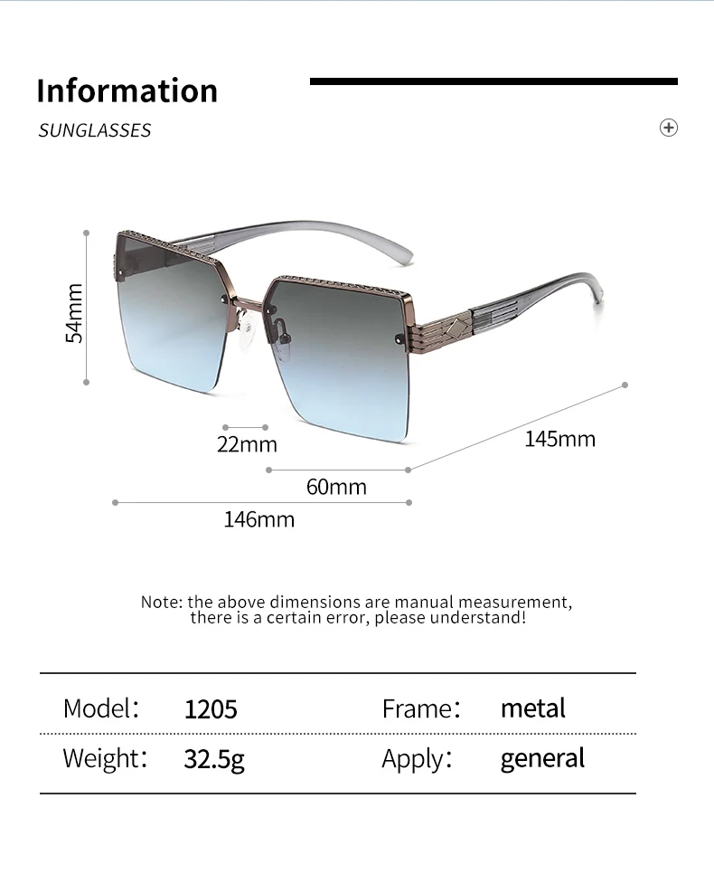 Neue Halbrahmen-Quadrat-UV-Schutz-modische Sonnenbrille Unisex Street Style Vielseitige Sonnenbrille 1205 – Detail 11