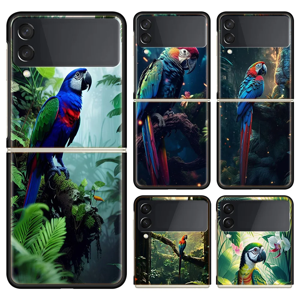 Parrot Bird Rainforest Phone Case For Samsung Galaxy Z Flip 6 4 3 5G Funda Black Coque Hard PC Luxury Cover Z Flip 5 Capa Fashio