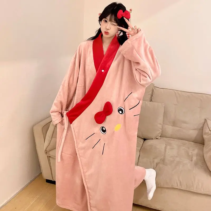 

Hello Kitty Flannel Kimono Robe Women Cozy Winter Bathrobe Warm Loungewear Wearable Blanket Soft Home Wear