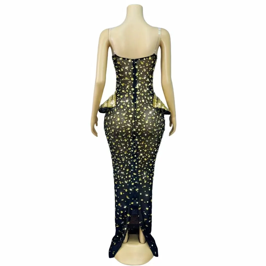Robe longue en strass scintillants pour femmes, maille Sexy transparente, robe de soirée d'anniversaire, vêtements de séance photo