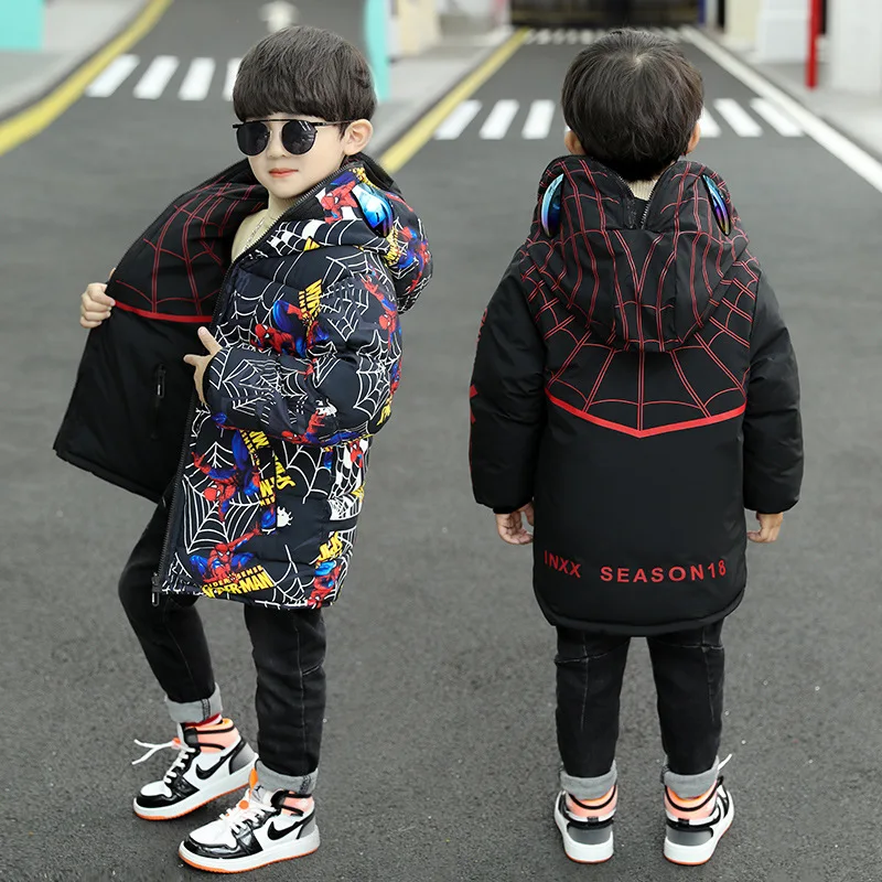 2024 Winter Boys Down Jackets Coats Clothes Teenage Spiderman Fashion Thicken Warm Snow Coat Children Hooded Long Parka Jacket