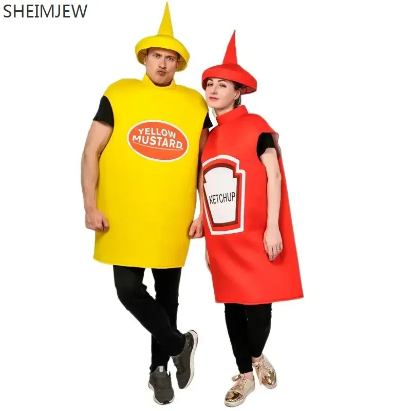 2023 Unisex Ketchup And Mustard Jumpsuit With Hat Funny Food Party Clothes Halloween Costume For Men And Women