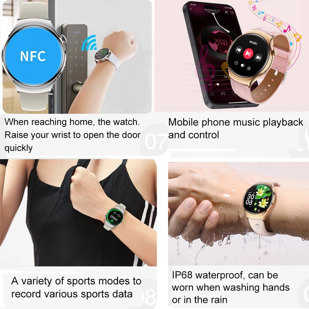 2024 For Huawei Watch 4 Mini NFC Smart Watch Women HD AMOLED Screen Heart Rate BT Call IP68 Waterproof Health Monitor Smartwatch