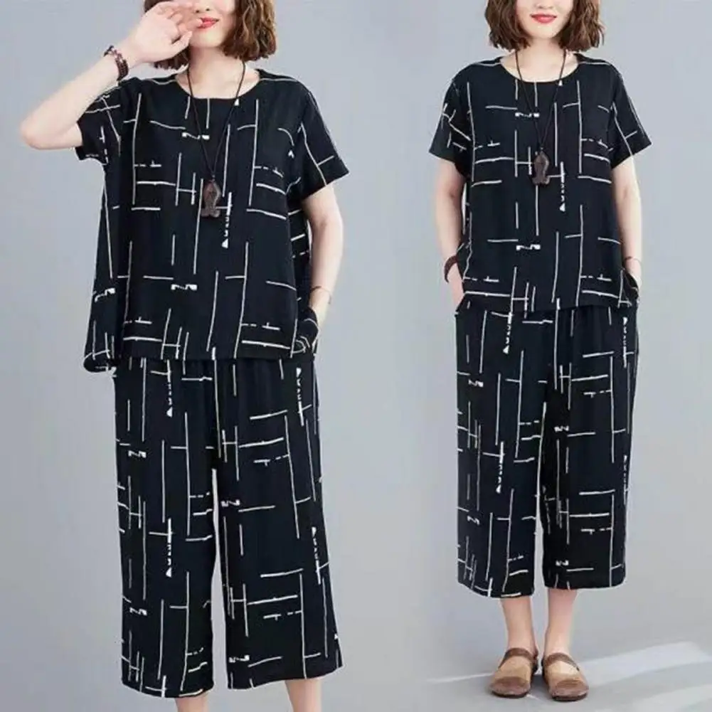 Women Top Pants Set Stylish Women's 2-piece Set Printed Short Sleeve T-shirt with Elastic Waist Wide Leg Cropped Trousers Trendy