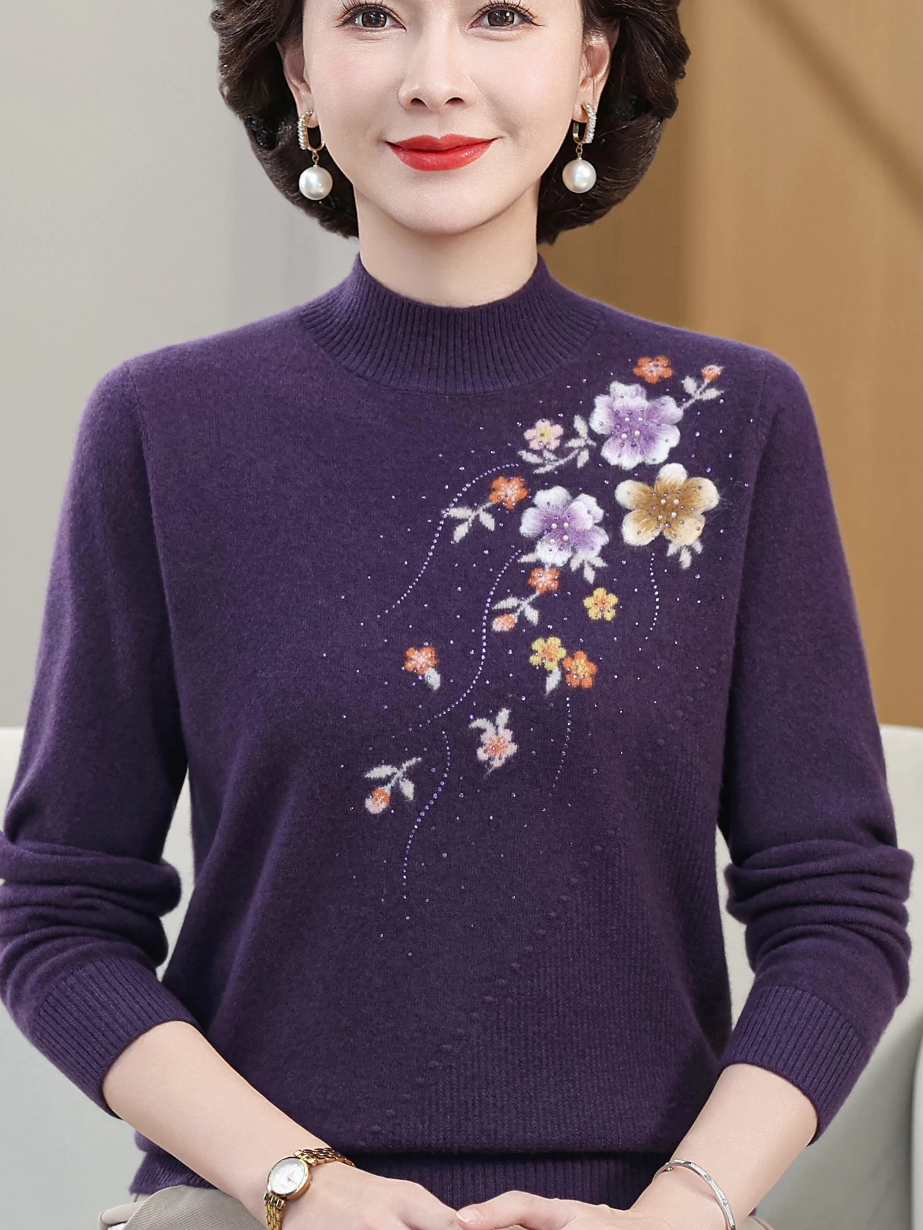 

Warm Woolen Knitted Sweater f High Collar Embroidered All Wool Base Layer irt Faionable Autumn Winter Mommy Clothes