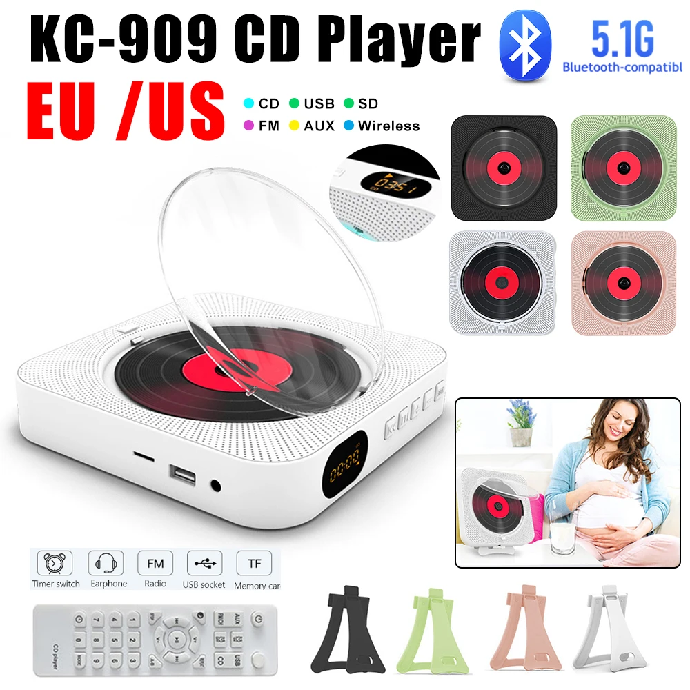 Portable CD Player Bluetooth Speaker Stereo 3.5mm CD Players LED Screen Wall Mountable CD Music Player with IR Remote Control FM