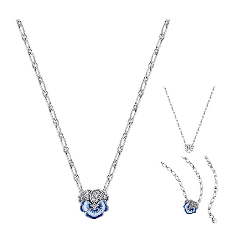 Pansy Flower Pendant Necklaces For Women Fine Jewelry 925 Sterling Silver Pave Setting Zircon Stones Blue Enamel Link Chain 50cm