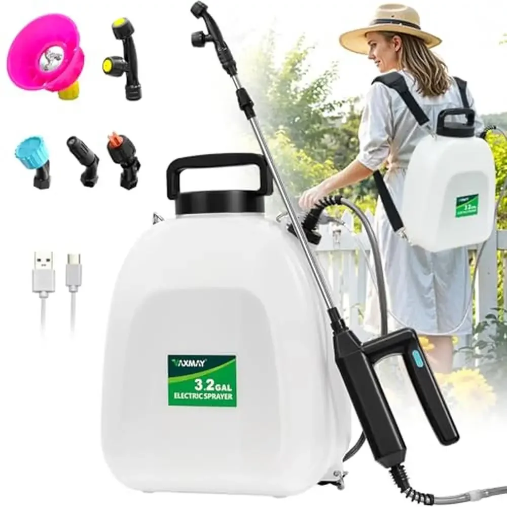 

3.2 Gallon Battery Powered Backpack Garden Sprayer w/ 5 Mist Nozzles USB Rechargeable 32" Handle Electric Water Pump Absorbing