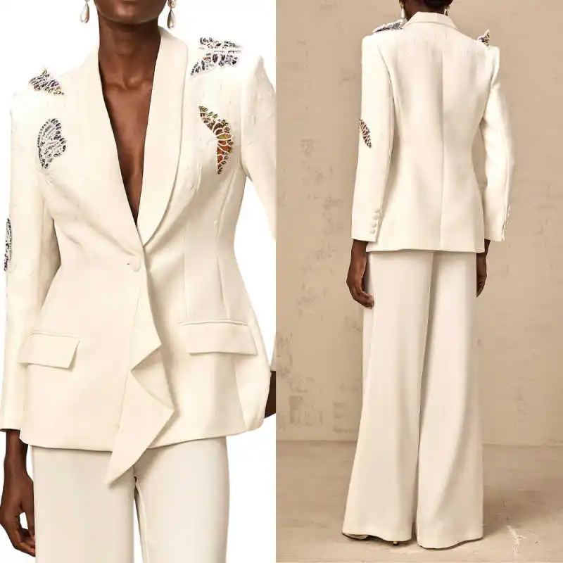 

Elegant Crystals Women Suits 2 Pieces Shawl Lapel Deep V Neck Jacket Blazer Sequins Plus Size Customized Office Ladies Work Wear