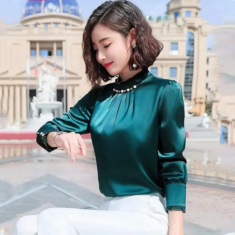 Elegant Petal Sleeve Beading Oversized Long Sleeve Satin Shirt Vintage Loose Commute Women Clothing Spring Autumn Casual Blouse