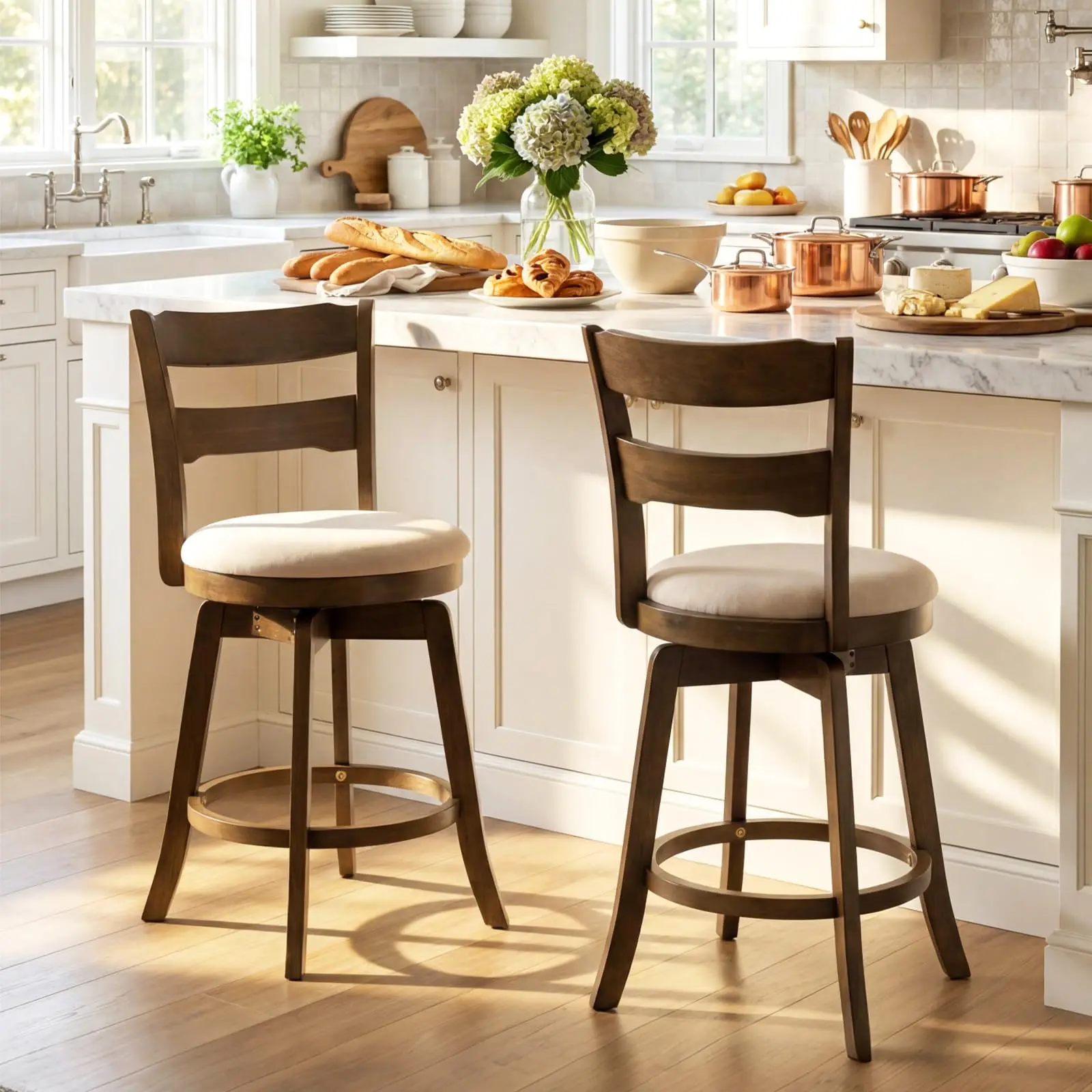 

Two 25-Inch Swivel Counter Stools With Upholstered Seat, High Back, Footrest, Rubber Wood Frame For Kitchen Island Or Dining