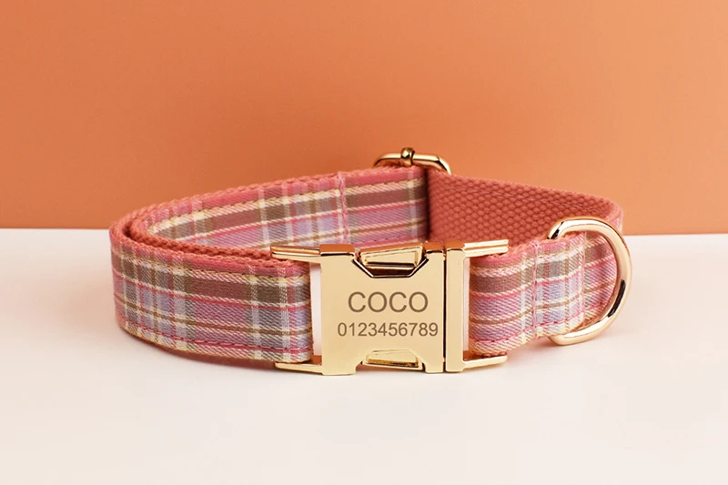 Kariertes Hundehalsband und Leinen-Set für Hunde, individuell graviertes Namensschild, Heimtierbedarf, Hundeleine, Gittermuster 14 – Detail 2