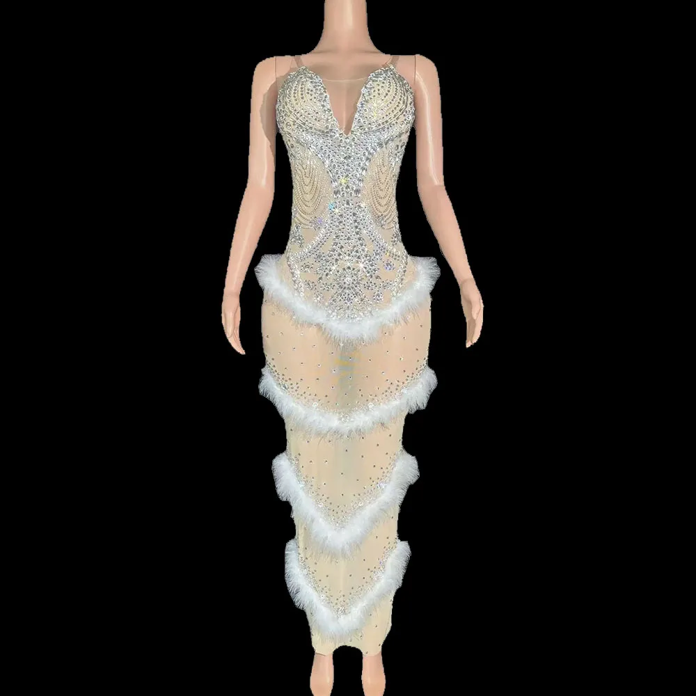 

Women Sparkly Rhinestones Feather Dress Evening Birthday Celebrate Dress Singer Show Stage Wear Preformance Photoshoot Costume