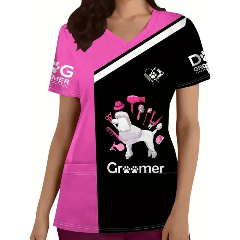 Women's medical print clothingVCollarTShirt Fashionable nurse top with pockets and veterinary pattern medical workwear