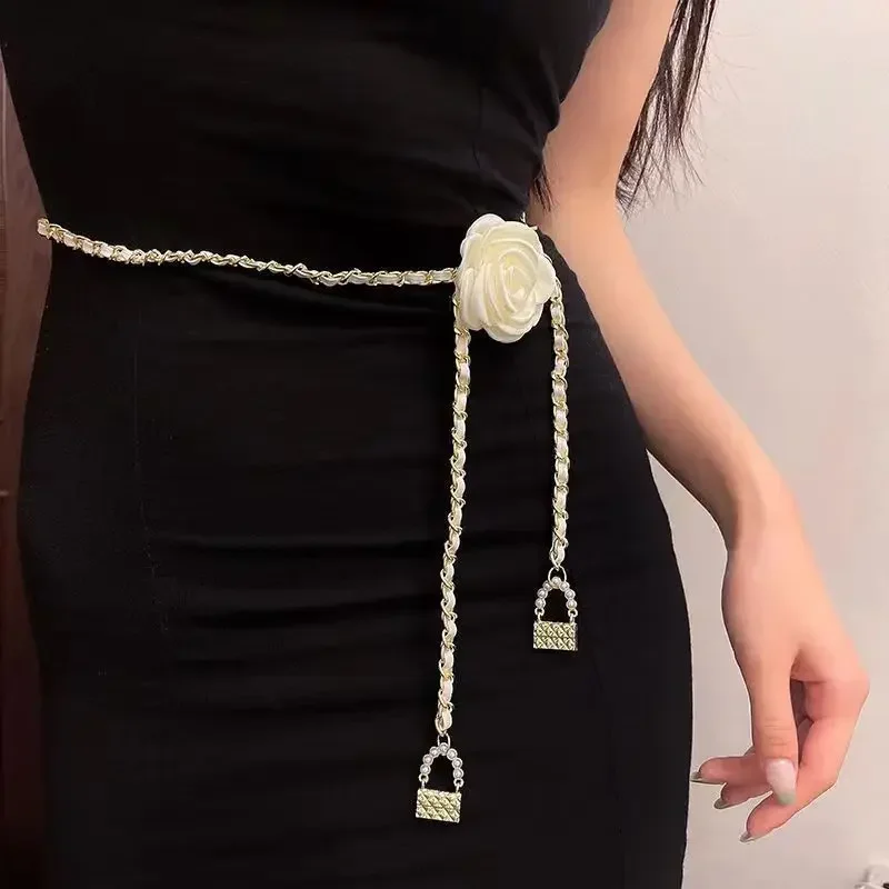 2024 Ladies Fashion Metal Waist Chain Flowers Camellia Woman Thin Waist Chain Dress Pants Decoration Belts for Women Luxury