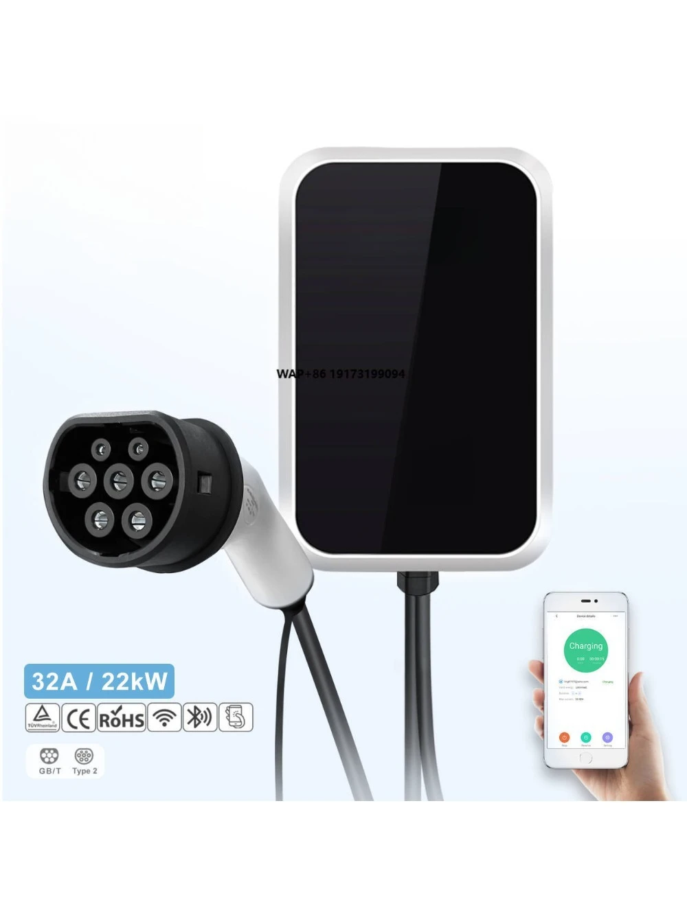 

22kW AC EV Charging Station Smart Wallbox 32A 380V with Wifi & OCPP RFID APP Control Type 2 Tethered Cable for Car Charging