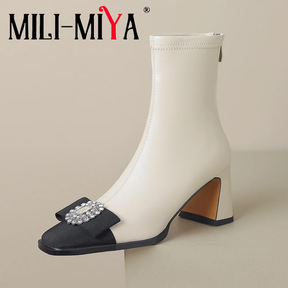 

MILI-MIYA Women Stretch Microfiber Synthetic Leather Elegant Ankle Boots Thick High Heels Square Toe Crystal Bowknot Party Shoes