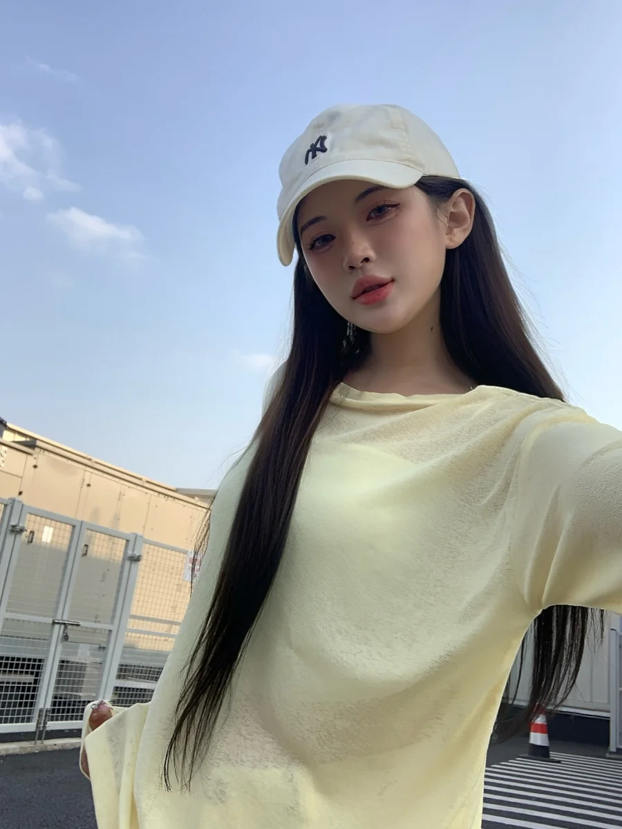 المرأة الصيف انظر من خلال الحرير الجليد طويلة الأكمام س الرقبة فضفاضة تي شيرت سيدة عادية بلون البلوز الشمس واقية محبوك تي شيرت