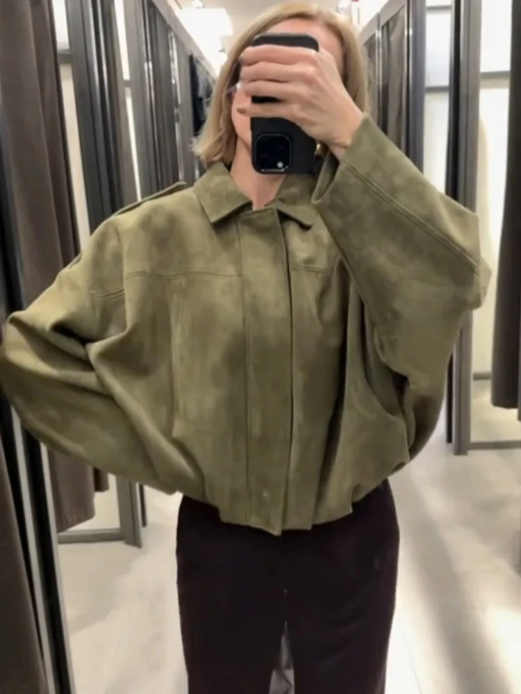 

Women's Suede Bomber Jacket Fashion Street Lapel Zipper Full Sleeve Female Coats 2025 Spring Lady Casual Commute Vintage Outwear