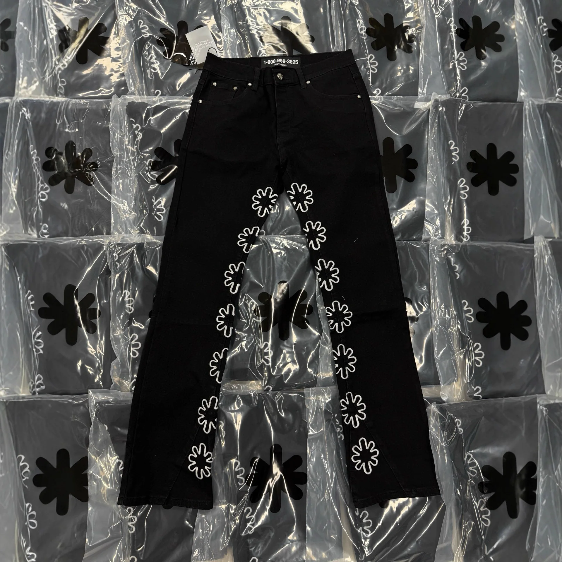 LOSTSHDWS JEANS Sunflower Heavy-Duty Openwork Embroidery American High-Street Patchwork Slightly Flared Jeans