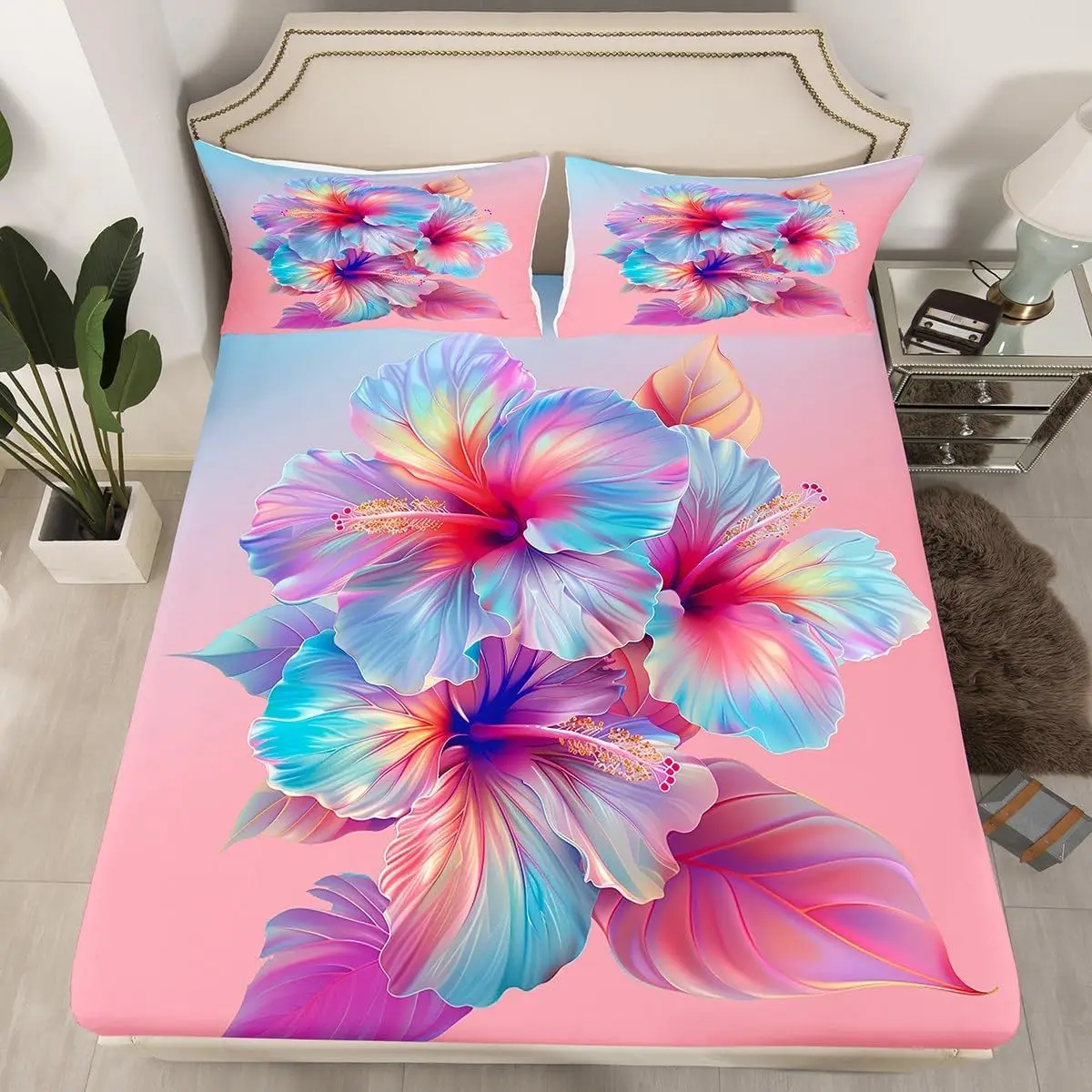 Hibiscus Flowers Fitted Sheet Hawaiian Tropical Floral Bed Sheets Watercolor Plumeria Palm Leaves Summer Natural Sheet Set Twin