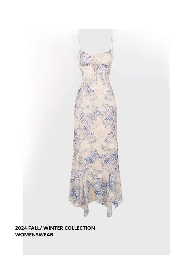 

Sweet Blue Floral Print Maxi Dress with Strap Forever Stylish Summer Commute Style Women's plus Size Dress No Sleeve