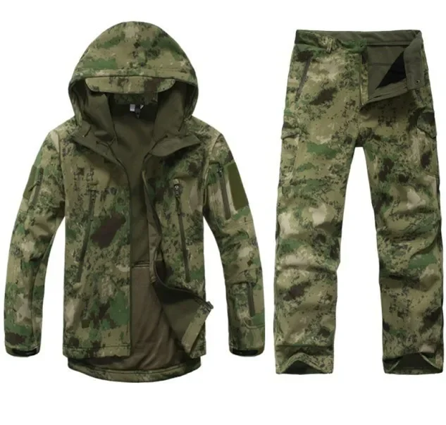 TAD Tactical Men  Hunting Hiking Fishing Explore Clothes Suit Camouflage Shark Skin Hunting Waterproof Hooded Jacket+Pants