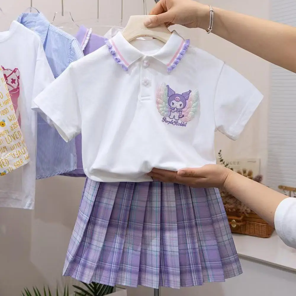 

Kawaii Sanrio Kuromi комплект Jk для девочек, студенческая форма, рубашка поло с героями мультфильмов, короткая юбка, костюм, платье с короткими рукавами, детская летняя одежда