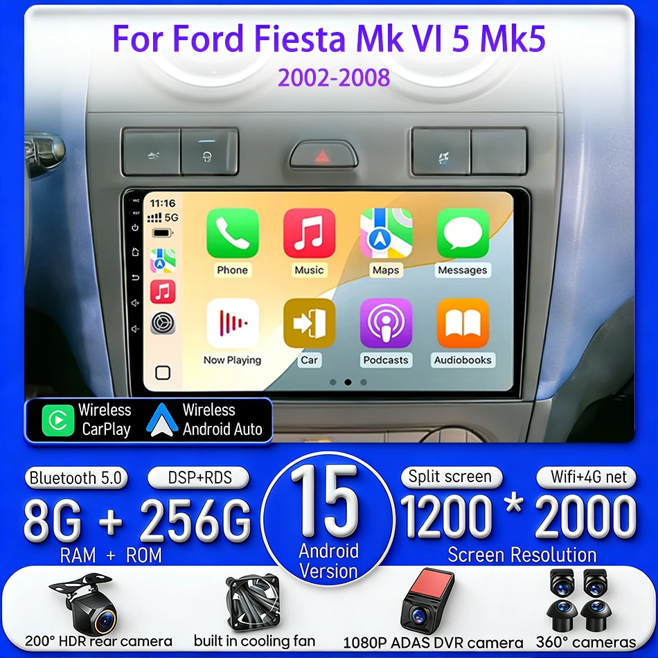 

Автомобильный мультимедийный видеоплеер Android 15 для Ford Fiesta Mk5 (2002-2008) с CarPlay, GPS-навигацией, аудио и экраном 2DIN