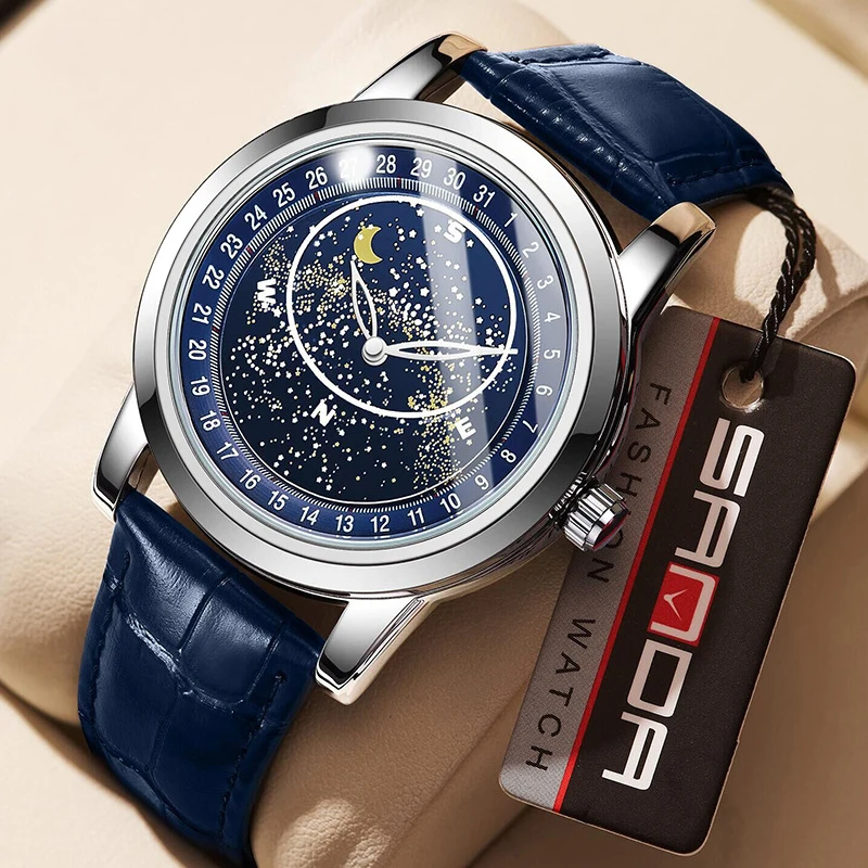 UTHAI CQ173 Fashion Trendy Men watch Belt Starry Rotating Dial Quartz Watch Night Light Clock Gift watches for man