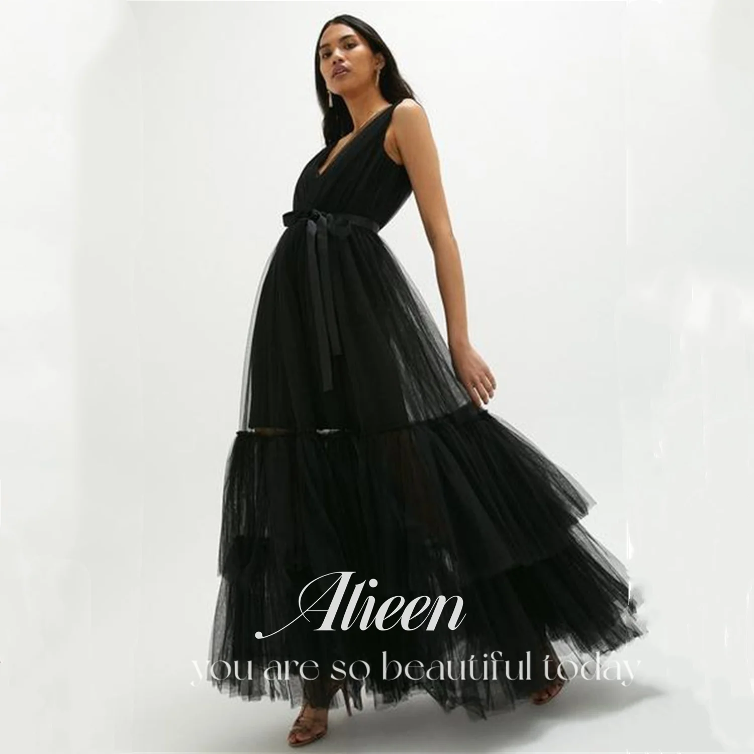 

Aileen Black Formal Occasion Dresses Party Dress for Wedding A-line Chiffon Long Women V-neck Elegant Pretty Women's Evening New