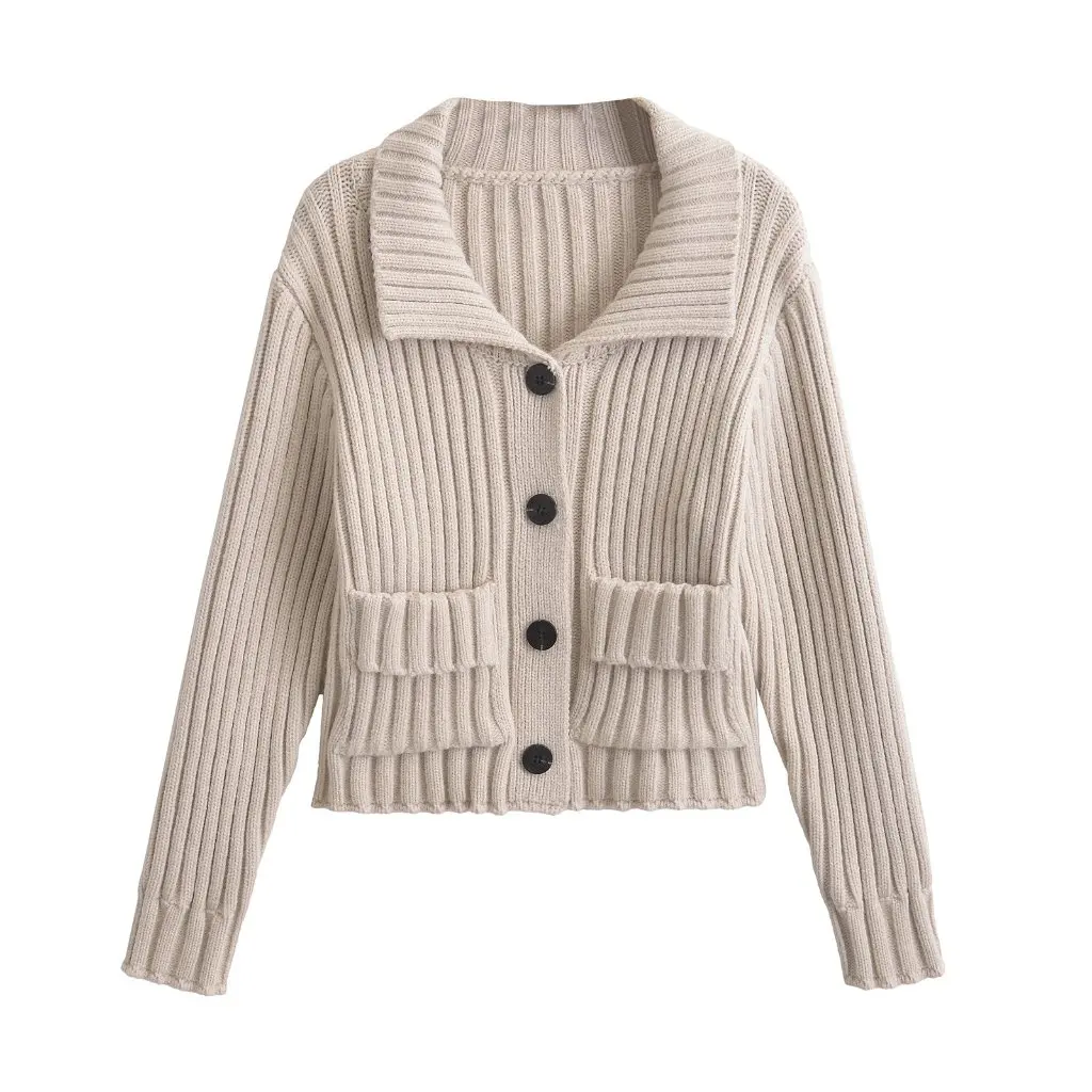 

Women's Retro American Style Knitted Shirt Double Pocket Lapel Short Sweater Coat Loose Elegant Autumn Winter New