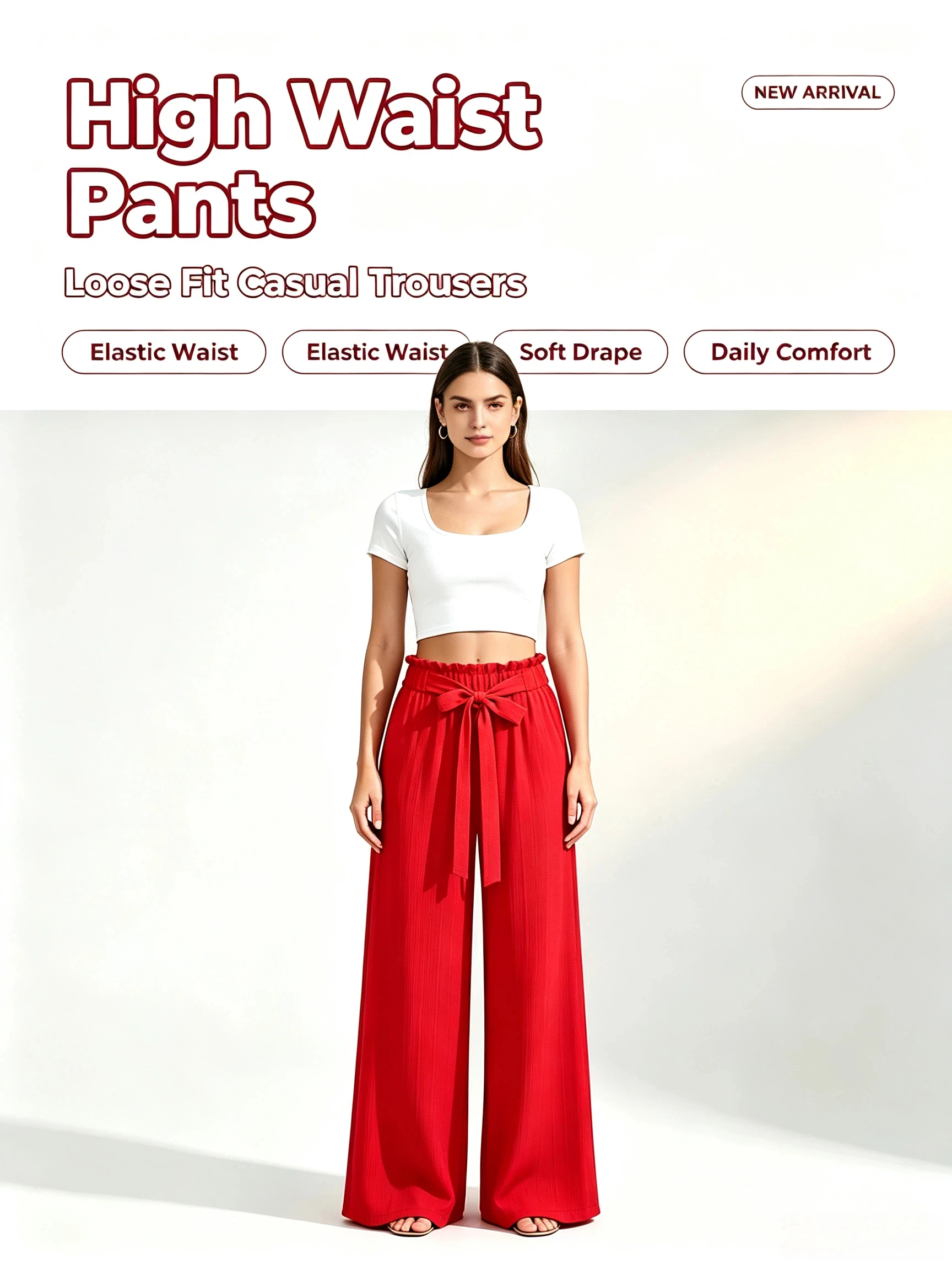 Lady High-waisted Wide-leg Pants With Pockets- Breathable, Non-stretch, Casual And Elegant Long Pants