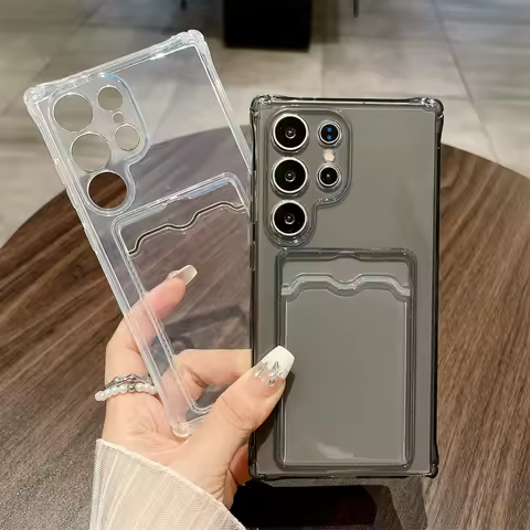 Transparent Card Slot Phone Case For Samsung Galaxy S26 S25 Edge S24 S23 S22 S21 Note 20 Ultra Plus FE Shockproof Soft Cover