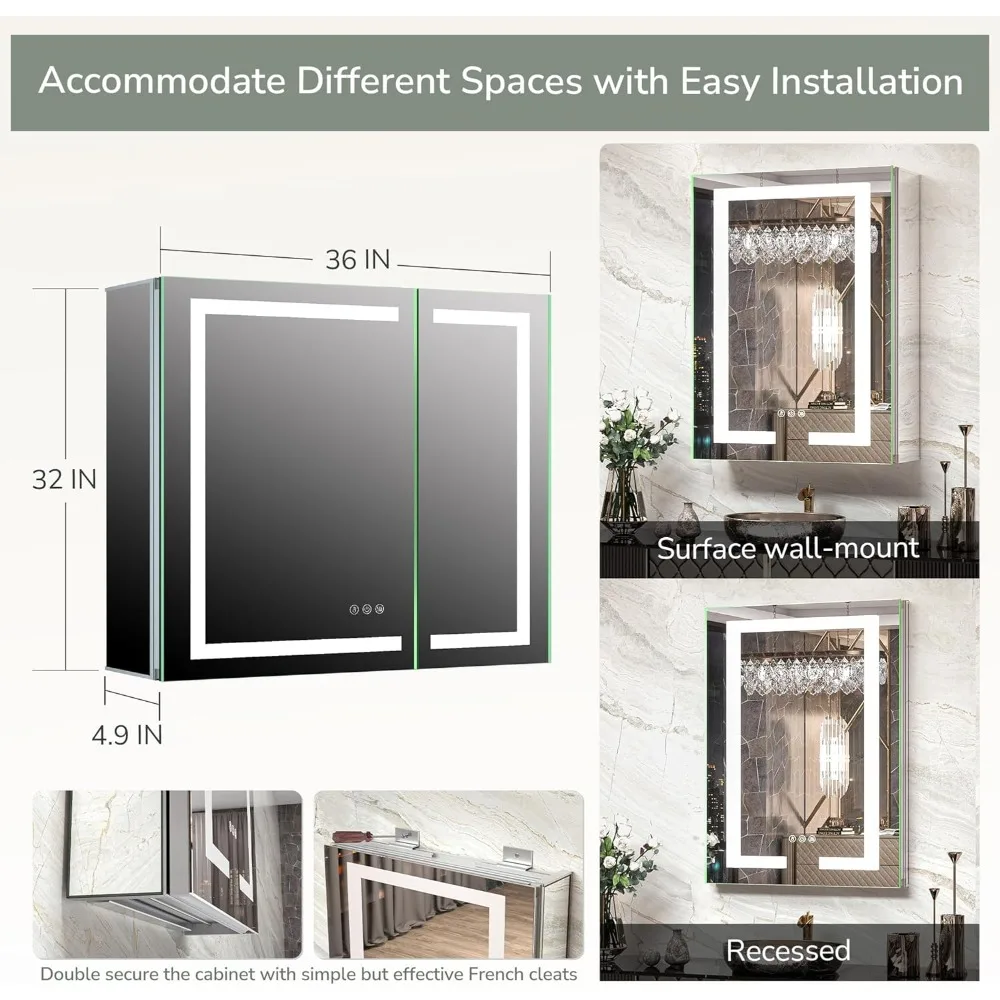 36x32 LEDMirror Cabinets, Anti-Fog Mirror Cabinet with Light and Electrical Outlet, Frontlit 3 Colors