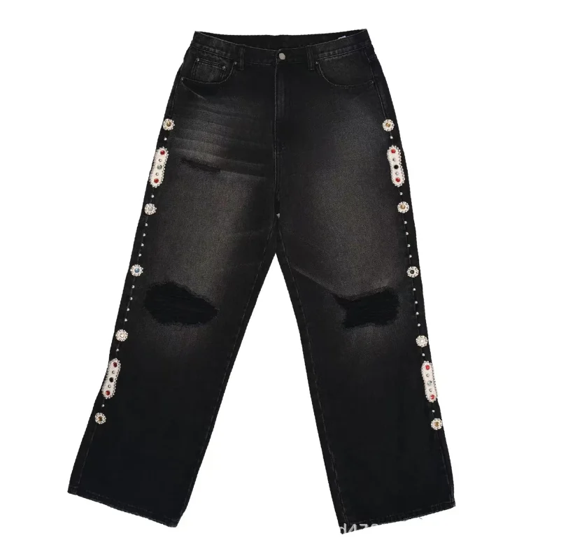 펑크 빈티지 라인 석 장식 검은 청바지 Y2k 아메리칸 스타일 streetwear 헐렁한 넓은 다리 청바지 남자 찢어진 데님 바지 w859