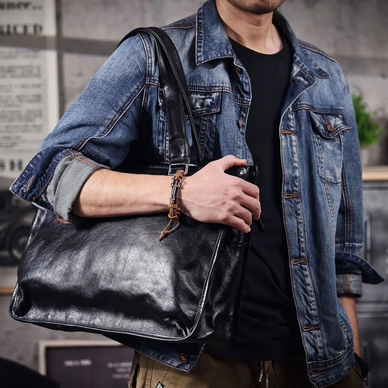 S.WORKER Premium Echtleder Business-Handtasche Herren 14" Laptop-Tasche Vollnarbenleder-Aktentasche für Arbeit & Business – Detail 5