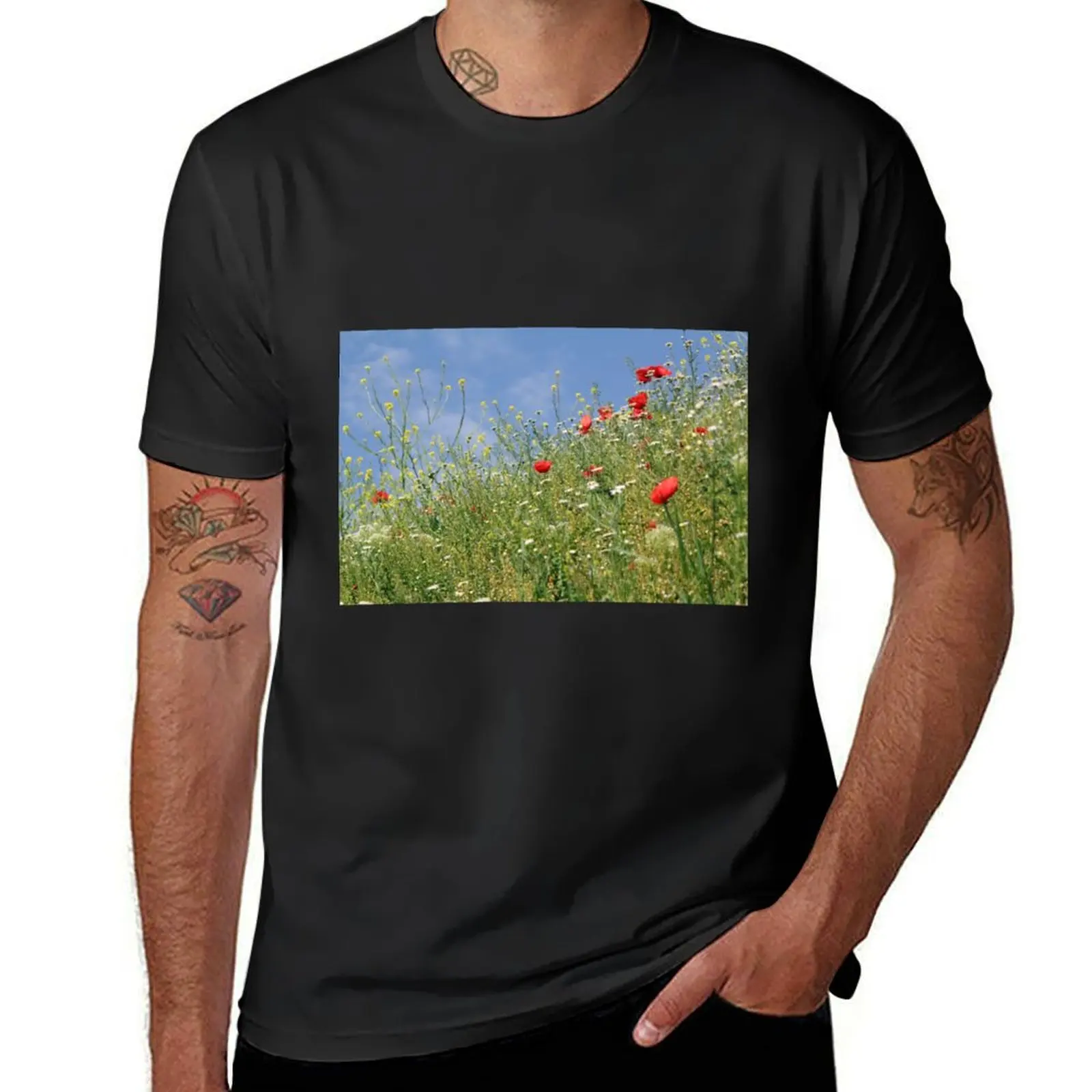 spring season meadow with wild flowers T-shirt blacks oversizeds blanks cute tops designer t shirt men