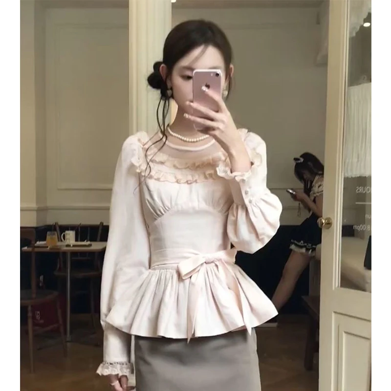 

MEXZT Kawaii Pink Bow Shirts Women Japanese Cute Lace Ruffles Patchwork Blouses Fashion Puff Long Sleeve Slim Design Tops New